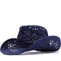 Casual Straw Unisex Cowboy Hat Hollow Out Foldable Beach Sun Hat Breathable Hand Woven Roll Up Jazz Hat tamsiai mėlyna spalva