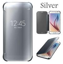 Galaxy For Samsung S6 S7 Plus Clear View Mirror Leather Flip Stand Case Cover Silver S6