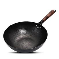Konco Iron wok Cast iron pan Non-coated Pot General use for Gas and Induction Cooker 32cm Chinese Wok Cookware Pan Kitchen Tools (as the picture,32 cm) black
