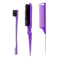 3Pcs/Set Hair Styling Comb Kit with Double-side Edge Control Teasing Bristle Brush Rat violetinė
