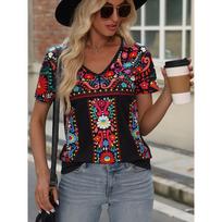 Hot selling summer women's top on Amazon in Europe and America, Bohemian printed V-neck short sleeved T-shirt for women S
