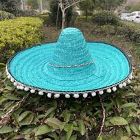 Spalvota meksikietiška šiaudinė skrybėlė vaikams ir suaugusiems - Puikiai tinka Helovinui, kaukotiems vakarėliams ir šventėms Diameter 53CM with Pom-Pom Edge Mexican Hat žolės žalia spalva