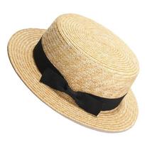 REHOOS Natūralios kviečių šiaudų Boater Fedora Viršutinė plokščia skrybėlė Moteriška vasarinė paplūdimio plokštus kraštus turinti kepurė Su kaspinėliais šventiniam vakarėliui M 55-56cm