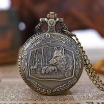 Vintage Style Pocket Watch with Wolf Forest Design Metal Case Mechanical Movement Chain Pendant for Men Women One Size gray