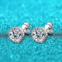 Baltu auksu padengti 1 karatų moissanite auskarai moterims, apvalūs putojantys laboratorijos deimantiniai auskarai, 100 % S925 sterlingo sidabro