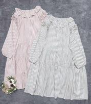 Johnature Japanese Fungus Stripe Pressed Dress Spring Loose Patchwork Ruffles Mori Casual Women Dresses One Size mėlyna