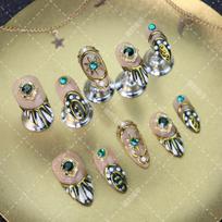 Emerald Green Press-On Nails With Rhinestone Accents Almond Shape Ultra-Thin Adhesive Nail Tips Women Retro Chic Style L Includes 3-piece set nail art tools kit
