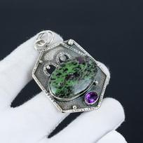 Rubino Zoizito, Ametisto Brangakmenio Pakabukas, Natūralaus Rubino Zoizito Brangakmenio Rankų Darbo 925 Sterlingo Sidabro Rubino Zoizito Pakabukas Moterims Pakabukas Dovanoms 5.5 Cm. žalia/violetinė