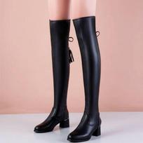 Moteriški odiniai elastiniai batai Moteriški pliušiniai ilgaauliai rudeniniai žieminiai stori kulniukai virš kelių Batai Slip on Knight Botas 35