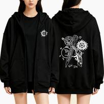 Pentagram Printed Zipper Hoodie Autumn Winter Women Casual Vintage Oversize Fashion Long Sleeve Fleece Sweatshirts S