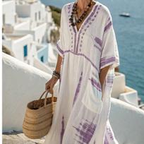 Summer Elegant Plus Size Kaftan Maxi Dress V Neck Half Sleeve Geometric Print Loose Fit Flowy Big Swing Casual Beach Vacation Holiday Long Dress S violetinė