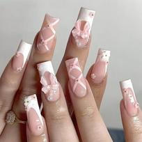 Sweet Pink Floral Press-On Nails With Bow Decor Long False Nail Tips Women Girls Gel Style gray