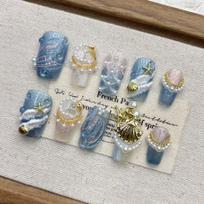 Hand-Painted Mermaid Tail Nail Art Tips Short Almond Shape Pure Handmade Acrylic Press-On Nails Women Medium