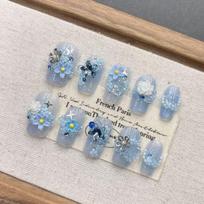 Short Almond Press-On Nails Handmade Blue Daily Wear Nail Art Women Girls Medium gray