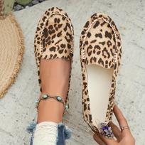 Moteriški leopardo rašto slip-on plokščiapadžiai - Lengvas audinio viršus, patvarus PU padadas, apvalus priekis, komfortas visų sezonų kasdieniam dėvėjimui, gyvūnų rašto madingi batai Size 44 juoda