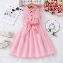 Girls (size) Dress, Solid Color Sleeveless Lapel Mesh Dress with Woven Belt 4Y rožinė