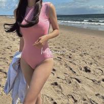 Korean Retro Striped One-Piece Swimsuit - Women's Slimming Beachwear Medium brown