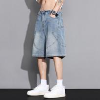 Summer Baggy Denim Shorts Fashion Casual Straight Harajuku Jeans Male Vintage Wash Drawstring Short Pants Streetwear S šviesiai mėlyna spalva