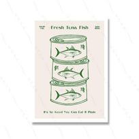 Trendy Retro Poster Spaghetti Pasta Sardines Oyster Tuna Fish Pasta Wall Art Kitchen Decor Green Colour Print Canvas Painting 21X30CMNo Framed