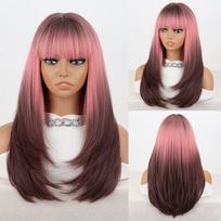 MISS PERUKAS moteriškas ilgas ombre rudas rausvas tiesus sluoksniuotas sintetinio pluošto perukai su kirpčiukais Bob Perukas moterims kasdieniam dėvėjimui Cosplay vakarėliui 60CM