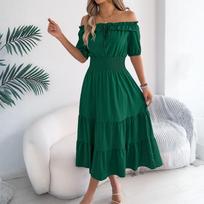 Women's Fashionable Casual Color Off Shoulder Black Fungus Edge Short Sleeved Pleated Waist Dress L žalia