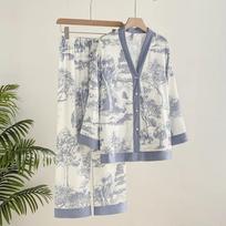 Ice Silk Print Fashion Moteriškas pižamų rinkinys ilgomis rankovėmis kostiumo pižama M mėlyna