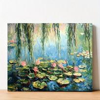 Monet Vandens lelijos, drobė be rėmo - Vandeniui atsparus impresionistinis paveikslas su rožiniais žiedais, žaliais lapais ir mėlynu vandeniu 21X30CMNo Framed