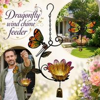 Outdoor Garden Bird Feeder Dragonfly Wind Chime Hanging Metal Feeder with Flower Design and Bell for Patio Yard Decoration One Size