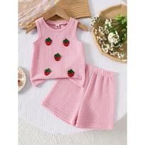 Girls Knitted Vest Suit Summer Baby Strawberry Jeans Summer Dress Little Girl Korean Style Versatile and Sweet 90cm rožinė