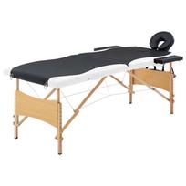 Folding 2 Zone Massage Table with Wooden Frame Black and White