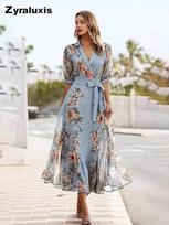 Women's Short Sleeve V-Neck Digital Printed Slim Fit Dress S mėlyna