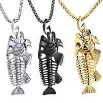 Žuvies kaulo ir meškerės kabliuko skeletas Nerūdijančio plieno pakabuko grandinėlės karoliai Juodas Unisex J sidabras