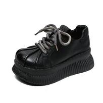 Fashion 6.5 CM Thick Soled Heightening Pumps 2024 Spring And Autumn New Leather Lace-up Versatile Retro Women's Platform Casual Shoes 35 juoda