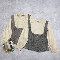 Johnature Japanese Fungus Trim Collar Plaid Shirt Casual Vintage Long Sleeve Stitched Retro Loose Shirt Women One Size juoda