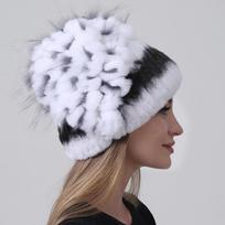 Moteriška žieminė kepurė iš triušio kailio, 100% Rex kailio kepuraitė su gėlių mozaika, šilta megzta pūkuota traperio kepurė Elastic head 55-60cm