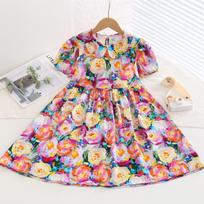 Resort Style Children's Clothing Summer Style Children's Cotton Silk Doll Collar Princess Dress Girls Artificial Cotton Floral Dress 120cm violetinė