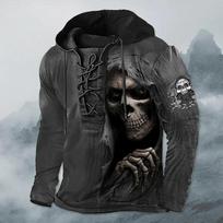 Men's Black Grim Reaper Skull 3D Print Hoodie Lace Up Front Hooded Sweatshirt S gray