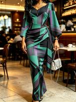 Ladies Abstract Line Print Bodycon Maxi Dress Green Purple Kimono Sleeve V Neck High Waist Ruched Long Dress XS