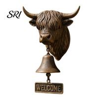 Backyard Gate Bell Highland Cow Head Doorbell with Welcome Sign Rustic Wall Mounted Vintage Style Resin Hanging Decor for Farmhouse Porch Entryway A