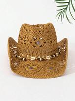 Handwoven Straw Cowboy Hat Bohemian Hollow Beach Sun Hat For Women Outdoor Festival Travel onesize chaki