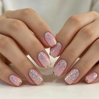 24 vienetai Manikiūro Auksinės Prancūziškos Rožinės Sidabrinės Blizgučiai Amatai Vidutinio ir Ilgio Kvadratiniai Nešiojami Nagai Jelly glue + rubbing strips*3pcs beige