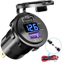 Greito įkrovimo 3.0 USB PD Type-C automobilinio įkroviklio lizdas, 12V USB išvesties lizdas su LED voltmetru ir įjungimo/išjungimo jungikliu, atsparus vandeniui, skirtas jūrų valčių motociklams ir kt. 24V mėlyna/juoda