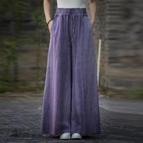Johnature Women Vintage Tie-dye Cotton Wide Leg Pants Elastic Waist Pockets Belt Trousers Loose Casual Long Pants One Size žalia