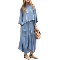 2 Pcs/Set Women Top Skirt Suit Round Neck Three Quarter Sleeve Slant Hem Vintage Top Drawstring Elastic Waist Loose Irregular Maxi Skirt XL mėlyna