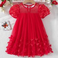Foreign Trade Specializes in Popular Girls' Summer Puff-sleeved Three-dimensional Butterfly Mesh Babydoll Dress with Temperament 7-8Y raudona