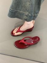High-heeled sandals temperament pinch flip-flops leopard print with 2025 skirt shoes women's shoes wedge heel summer sandals 35 raudona