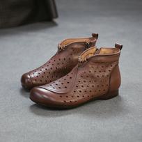 Johnature Retro Vasariniai Trumpi Batai Plokščiu Padu Šoninis Užtrauktukas Natūrali Oda Išpjauti Kvėpuojantys Moteriški Batai 35 ruda