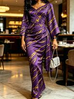 Moterų Violetinis Auksinis Marmuro Rašto Maxi Suknelė Kimono Rankovėmis V Kaklo Surauktu Juosmeniu Bodycon Elegantiška Suknelė XS