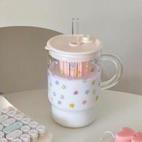 High Borosilicate Glass Star Straw Cup Household Transparent Large Capacity Drinking Cup for Girls with Lid and Handle Straw Cup balta