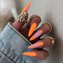 Matte Orange Long Pointed Press-On Nails Minimalist Style Wearable Nail Tips CJCY-144 Gel Adhesive Type